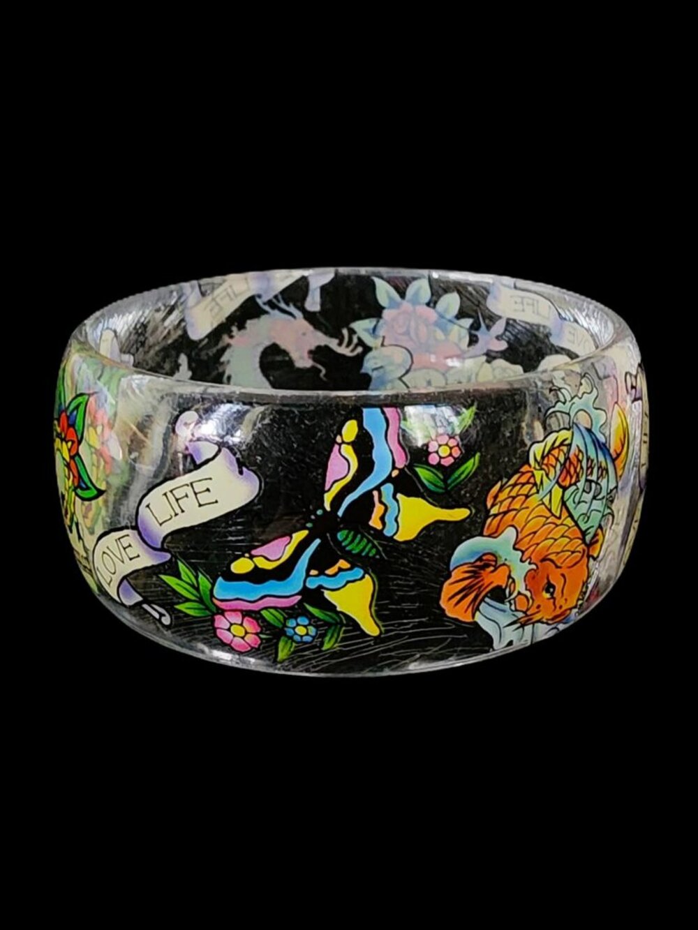 Vintage Ed Hardy Christian Audigier Clear Acrylic Wide Tattoo Bangle Bracelet